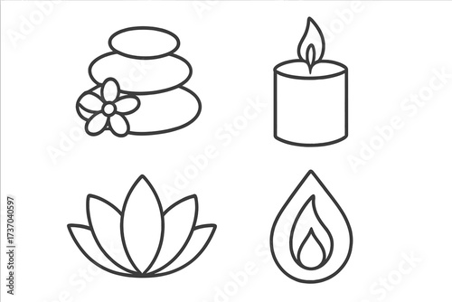 Spa and wellness line icon set vector. Zen relaxation symbols collection. Hot stones, candle, lotus flower, essential oil flame. Meditation, yoga, harmony, balance concept.