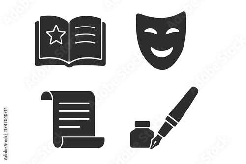 Writing and literature glyph icons set. Storytelling symbols. Theatre mask, fairytale book, manuscript scroll, fountain pen with ink. Author, poetry and drama silhouette.
