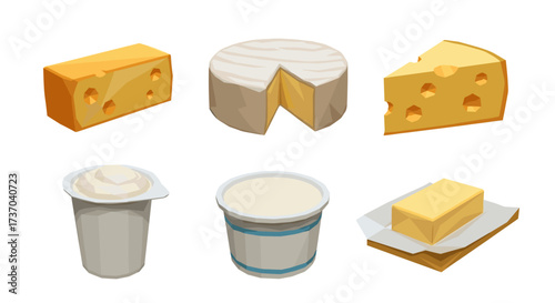 Vector art of collection of dairy products including cheese, yogurt, and butter
