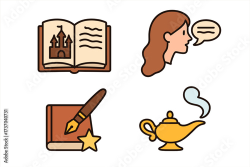 Storytelling and fantasy icon set vector illustration. Fairytale book with castle, magic lamp, storyteller, and author writing. Concept for imagination, narrative, and creativity.