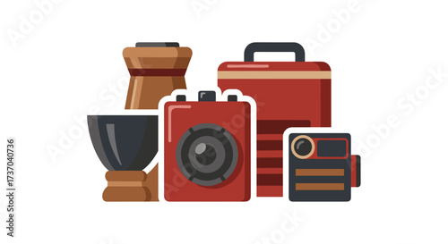 Vector art of collection of vintage cameras and photography equipment