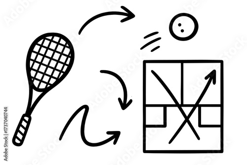 Squash game elements doodle set with racket, court, and action arrows. Vector cartoon illustration of sports equipment and strategy for play. Line art icons collection.