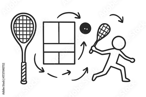 Squash game strategy doodle set. Vector collection of sport elements with racket, player, court, and ball. Action and movement arrows for tactical training illustration.