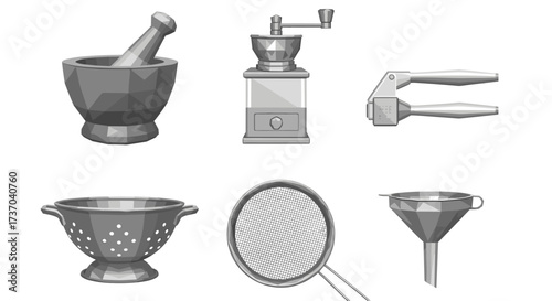 Vector art of collection of kitchen utensils including a mortar and pestle, coffee grinder, garlic press, colander, sieve, and funnel