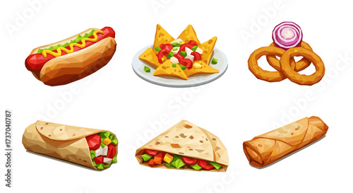 Vector art of collection of fast food items including hot dog, nachos, onion rings, burrito, quesadilla, and spring roll