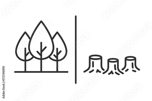 Deforestation concept vector line icon. Before and after forest comparison. Full trees vs cut tree stumps. Logging, climate change, environment damage, nature destruction.
