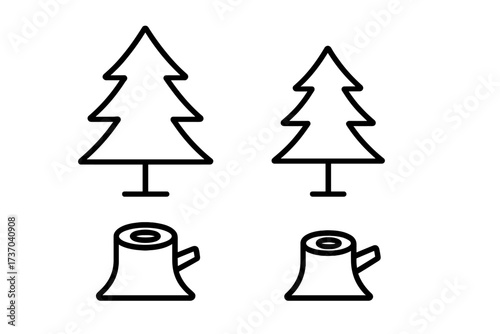 Deforestation concept line icon set. Before and after cutting trees illustration. Forest destruction, logging, and environmental damage. Pine tree and stump outline vector icons.