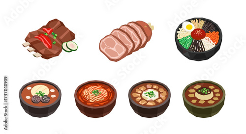 Vector art of collection of korean food dishes including ribs, sliced meat, bibimbap, and various stews
