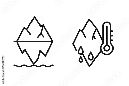 Iceberg and melting iceberg icon with thermometer. Vector thin line illustration representing climate change, global warming, environmental issues and rising sea levels.