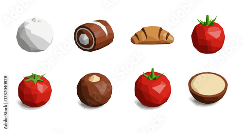 Vector art of collection of sweet and savory food items including chocolates, croissant, and tomatoes