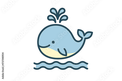 Cute whale cartoon character icon spouting water. Simple flat vector illustration of a happy blue whale in the ocean. Marine animal mascot for kids. Aquatic wildlife symbol.