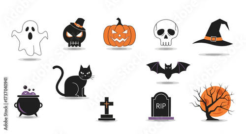 Collection of diverse Halloween-themed vector icons featuring spooky pumpkins, ghosts, skulls, bats, and witches' hats, perfect for festive holiday designs and decorations