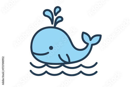 Cute whale cartoon icon. Simple vector illustration of a happy blue whale spouting water. Marine animal character logo. Sea life wildlife in ocean drawing for kids mascot.