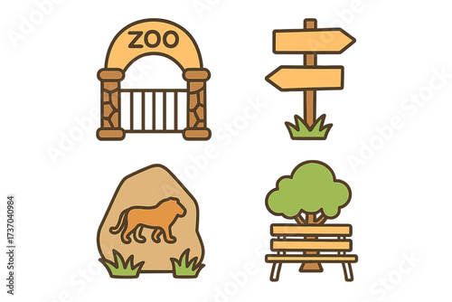 Zoo and park icon set. Collection of vector illustrations for wildlife or amusement park. Includes zoo entrance gate, direction signpost, park bench, and animal rock art.
