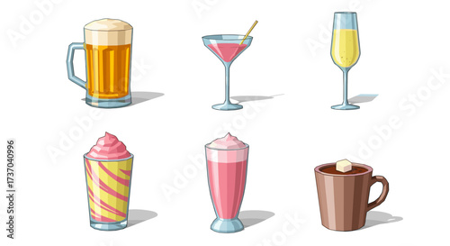 Vector art of collection of six different beverages including beer, cocktails, and coffee