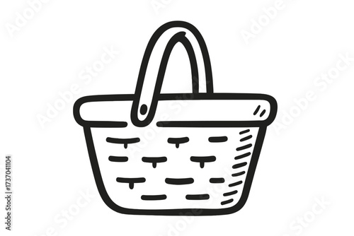 Shopping basket icon vector. Hand drawn wicker picnic basket. Empty doodle sketch illustration for market or grocery. Simple outline graphic symbol for easter or harvest.
