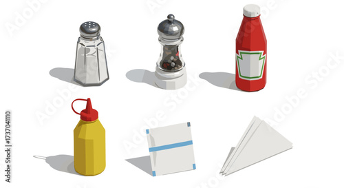 Vector art of condiment set with salt, pepper, ketchup, mustard, napkin, and paper