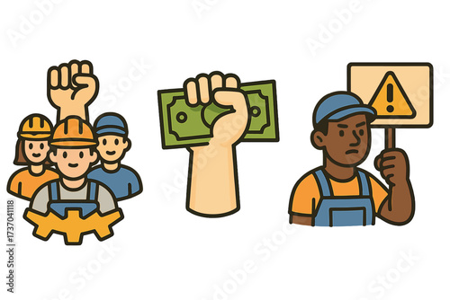 Labor rights icon set. Union workers protest for fair wages and better conditions. Vector illustration of solidarity, raised fist, money, and strike sign for Labor Day.