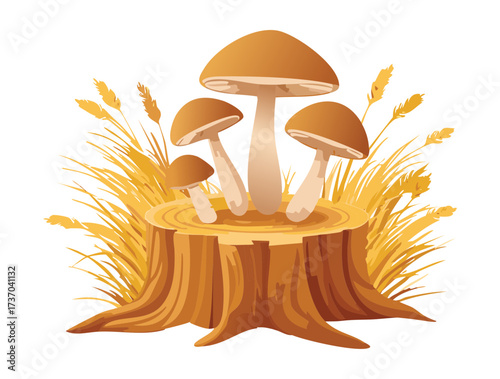 Golden Autumnal Art of Wild Mushrooms Sprouting on a Stump Surrounded by Wheat Stalks and Tall Dry Grasses	