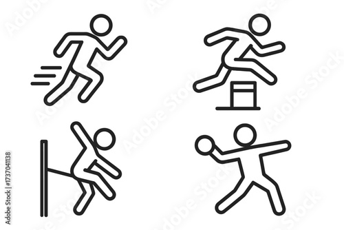 Athletics sports icons set. Track and field pictograms. Running, hurdles, high jump, shot put. Athlete competition symbols. Minimalist line art vector for sport event.