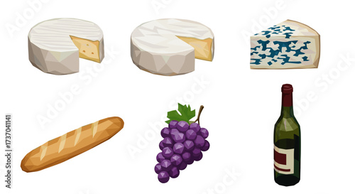 Vector art of assortment of cheese, baguette, grapes, and wine bottle