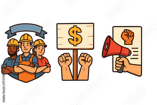 Labor day icon set. Workers rights, union protest for fair wages. Diverse construction team, fist, megaphone, dollar sign. Cartoon vector illustration for demonstration.