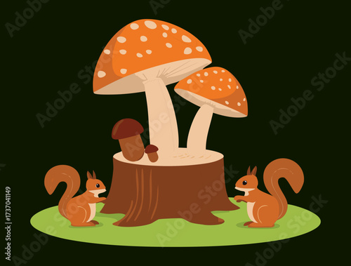 Cute Squirrels and Spotted Mushrooms Gathered on a Tree Stump Under the Shade of the Dark Forest Canopy	