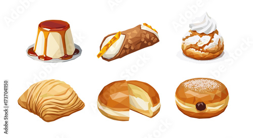 Vector art of collection of six delicious italian pastries and desserts