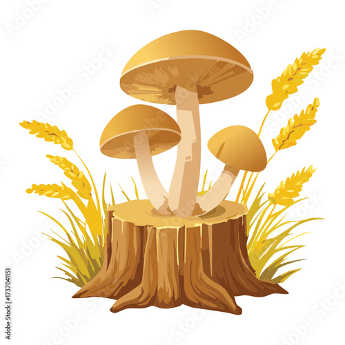 Boletus Fungi and Wild Grasses Cluster Around a Weathered Tree Stump in a Rustic Outdoor Autumn Harvest Setting	