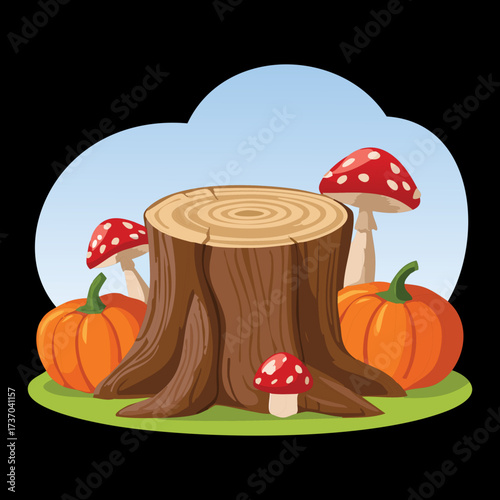Dark Nighttime Scene Featuring a Stump and Mushrooms Illuminated by Moonlight Alongside a Halloween Pumpkin	