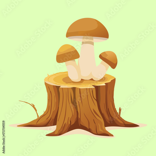 Clean and Bright Illustration of Boletes Mushrooms Clustered on a Plain Tree Stump Against a Soft Green Background	