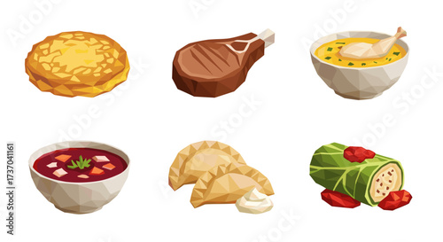 Vector art of collection of six traditional dishes including soup, meat, and dumplings