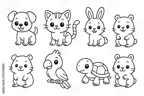 Cute pet animal collection for kids coloring book page. Line art doodle cartoon vector set. Adorable kawaii dog, cat, rabbit, hamster, parrot, turtle outline illustration.