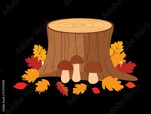 Warm Autumnal Setting of Mushrooms Around a Forest Stump Decorated with Falling Maple Leaves and Natural Ground Cover	