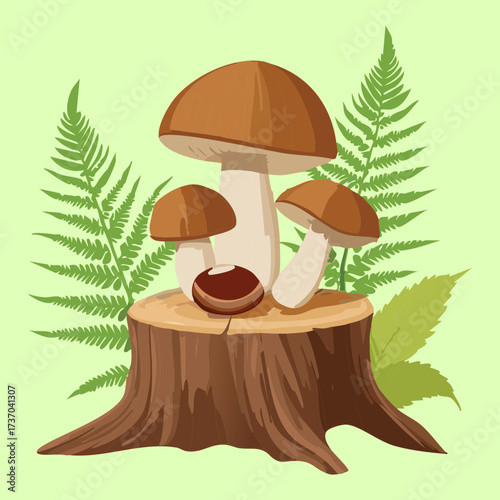 Vibrant Orange and Brown Fungi Species Clinging to the Sides of an Old Tree Stump Surrounded by Forest Foliage	