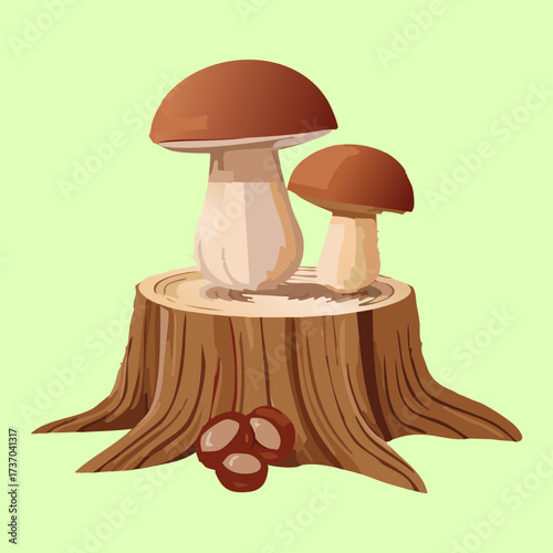 Earthy Forest Composition with Boletus Mushrooms and Ferns Growing Together on a Textured Wood Stump Background	