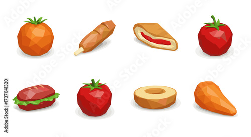 Vector art of collection of eight lowpoly food items, including fruits, vegetables, and processed foods
