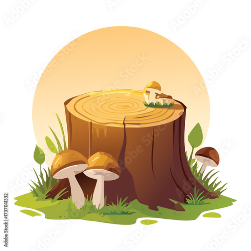 Magical Woodland Setting With Spotted Fungi Growing Beside a Moss-Covered Stump and Delicate Butterflies Fluttering	