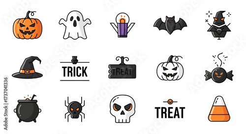 A vibrant collection of Halloween line art icons with color accents featuring spooky symbols like jack-o-lantern, ghost, skull, and trick or treat elements