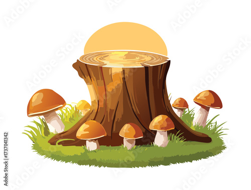 Solitary Tree Stump Becomes a Miniature Ecosystem for Various Fungi and Sprouting Plants in the Golden Hour Sunlight	