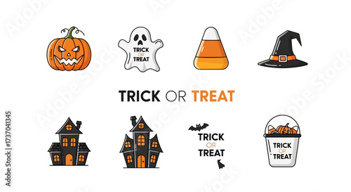 Collection of orange and black Halloween illustrations with carved pumpkins, jack-o-lanterns, and spooky character icons