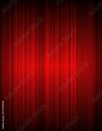 Symmetrical, silky red theatre drapes with dark shadows
