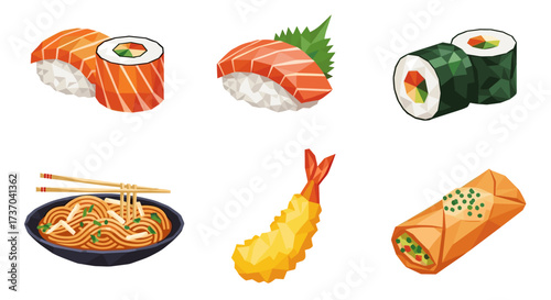 Vector art of collection of japanese and asian food items, including sushi, noodles, tempura, and spring roll