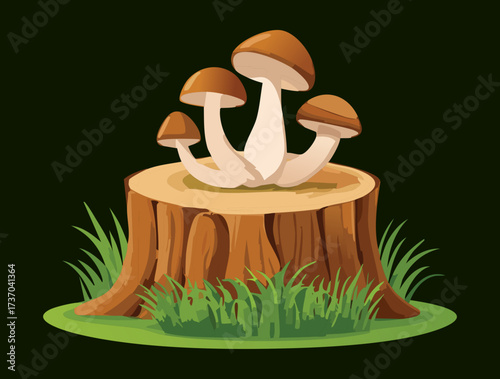 Group of Wild Forest Mushrooms Popping Up Around the Base of a Thick, Weathered Tree Stump in Warm Sunlight	