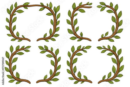Set of cartoon branch frames and corner decorations. Hand-drawn rustic botanical vector elements. Organic nature leaf border for elegant design. Isolated floral illustration.