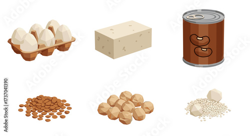 Vector art of collection of various food items including eggs, tofu, canned beans, almonds, chickpeas, and rice