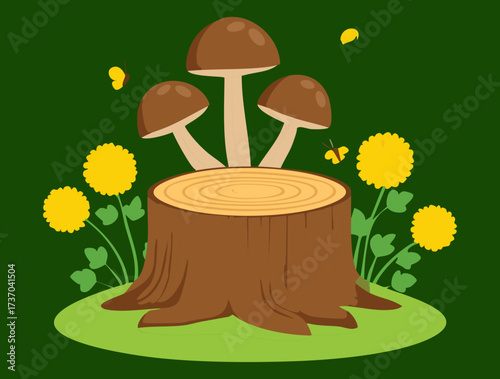 Warm summer illustration of brown mushrooms on a stump, surrounded by yellow dandelion flowers and green grass	