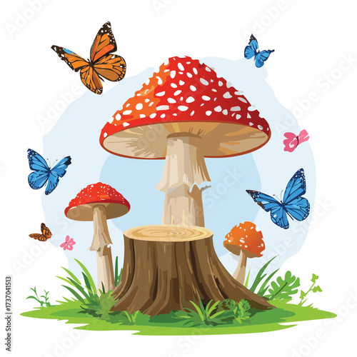 Whimsical fantasy scene of red and white toadstools with multiple blue butterflies flying around a tree stump	