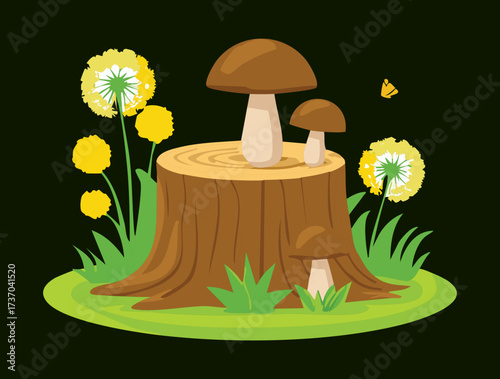 Spotted Mushrooms Thrive on Old Tree Stump in Enchanting Forest Glade with Dandelions and Gentle Sunlight	