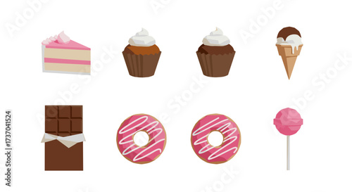 Vector art of collection of sweet desserts including cake, cupcakes, ice cream, chocolate bar, donuts, and lollipop